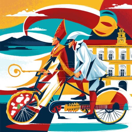 Téléchargez les illustrations : Visite à vélo de Naples. Illustration vectorielle avec Pulcinella et saint patron de Naples - en licence libre de droit