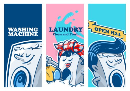 Laundry graphic washing machine banner set with cartoon characters