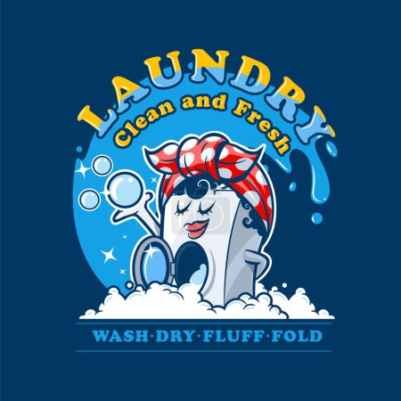 Téléchargez les illustrations : Machine à laver personnage de dessin animé vêtements de lavage dans la buanderie avec bulles - en licence libre de droit