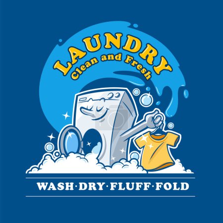 Téléchargez les illustrations : Machine à laver mascotte dessin animé blanchisserie lave-t-shirt avec bulles - en licence libre de droit