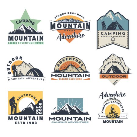 Ilustración de Conjunto de logotipos e impresiones para montaña aventura senderismo y camping - Imagen libre de derechos