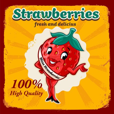 Illustration for Strawberry cartoon mascot illustration vintage banner advertising - Royalty Free Image