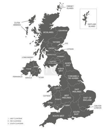 Illustrazione per Mappa vettoriale del Regno Unito con divisioni amministrative. Livelli modificabili e chiaramente etichettati. - Immagini Royalty Free