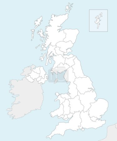 Illustration pour Carte vectorielle vierge du Royaume-Uni avec divisions administratives et pays voisins. Couches modifiables et clairement étiquetées. - image libre de droit