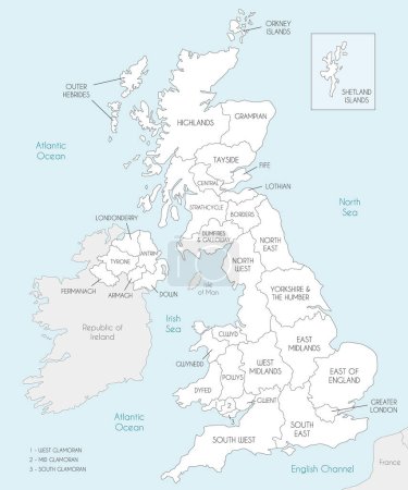 Illustration pour Carte vectorielle du Royaume-Uni avec divisions administratives et pays voisins. Couches modifiables et clairement étiquetées. - image libre de droit