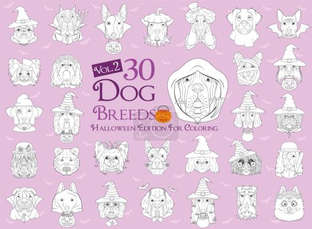 Illustration for Set of 30 dog breeds with Halloween costumes for coloring. Set 2 - Royalty Free Image