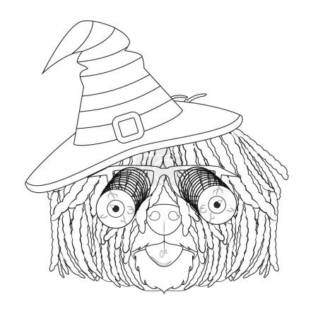 Téléchargez les illustrations : Carte de vœux Halloween pour la coloration. Puli chien habillé comme une sorcière avec chapeau noir et vert et des lunettes aux yeux terrifiants googly - en licence libre de droit