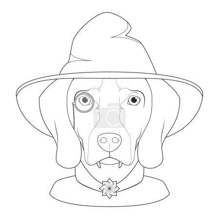Illustration for Halloween greeting card for coloring. Weimaraner dog dressed as a vampire with fangs, monocle, cape and black hat - Royalty Free Image