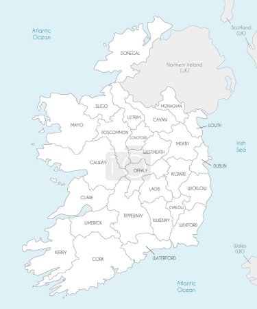Illustration for Vector map of Ireland with counties and administrative divisions, and neighbouring countries. Editable and clearly labeled layers. - Royalty Free Image