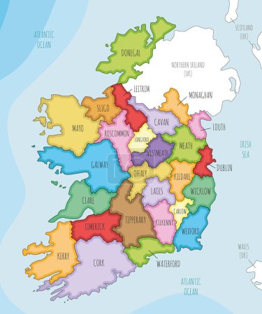 Illustration for Vector illustrated map of Ireland with counties and administrative divisions, and neighbouring countries. Editable and clearly labeled layers. - Royalty Free Image