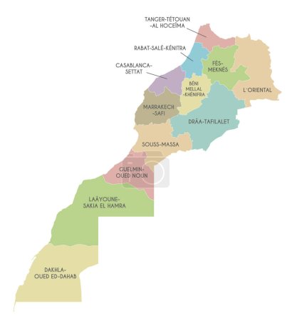 Illustration pour Carte vectorielle du Maroc avec régions et divisions administratives. Couches modifiables et clairement étiquetées. - image libre de droit
