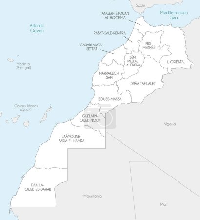 Illustration pour Carte vectorielle du Maroc avec les régions et divisions administratives, et les pays voisins. Couches modifiables et clairement étiquetées. - image libre de droit