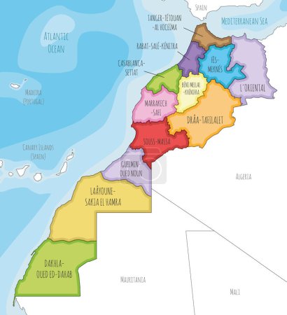 Illustration pour Carte vectorielle illustrée du Maroc avec les régions et divisions administratives, et les pays voisins. Couches modifiables et clairement étiquetées. - image libre de droit