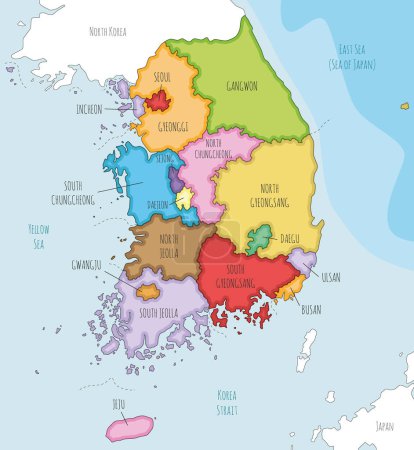 Illustration for Vector illustrated map of South Korea with provinces, metropolitan cities and administrative divisions, and neighbouring countries. Editable and clearly labeled layers. - Royalty Free Image