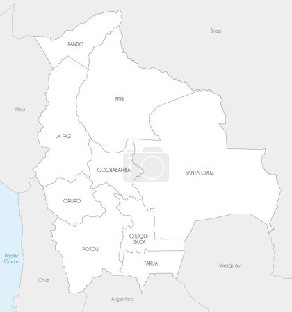 Téléchargez les illustrations : Carte vectorielle de la Bolivie avec les départements et divisions administratives, et les pays voisins. Couches modifiables et clairement étiquetées. - en licence libre de droit