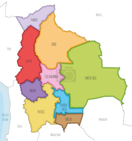 Téléchargez les illustrations : Carte vectorielle illustrée de la Bolivie avec les départements et divisions administratives, et les pays voisins. Couches modifiables et clairement étiquetées. - en licence libre de droit
