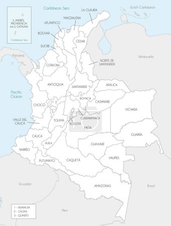 Téléchargez les illustrations : Carte vectorielle de la Colombie avec les départements, la région de la capitale et les divisions administratives, et les pays voisins. Couches modifiables et clairement étiquetées. - en licence libre de droit