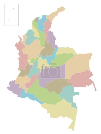 Téléchargez les illustrations : Carte vectorielle blanche de la Colombie avec les départements, la région de la capitale et les divisions administratives. Couches modifiables et clairement étiquetées. - en licence libre de droit