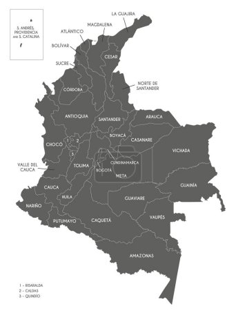 Téléchargez les illustrations : Carte vectorielle de la Colombie avec départements, région de la capitale et divisions administratives. Couches modifiables et clairement étiquetées. - en licence libre de droit