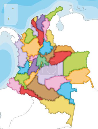 Téléchargez les illustrations : Vector a illustré la carte vierge de la Colombie avec les départements, la région de la capitale et les divisions administratives, et les pays voisins. Couches modifiables et clairement étiquetées. - en licence libre de droit