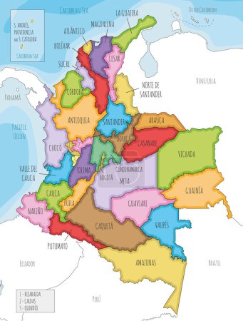 Téléchargez les illustrations : Carte vectorielle illustrée de la Colombie avec les départements, la région de la capitale et les divisions administratives, et les pays voisins. Couches modifiables et clairement étiquetées. - en licence libre de droit