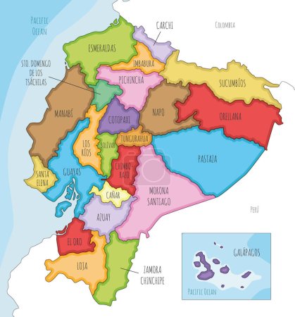 Téléchargez les illustrations : Carte vectorielle illustrée de l'Équateur avec les provinces et divisions administratives, et les pays voisins. Couches modifiables et clairement étiquetées. - en licence libre de droit