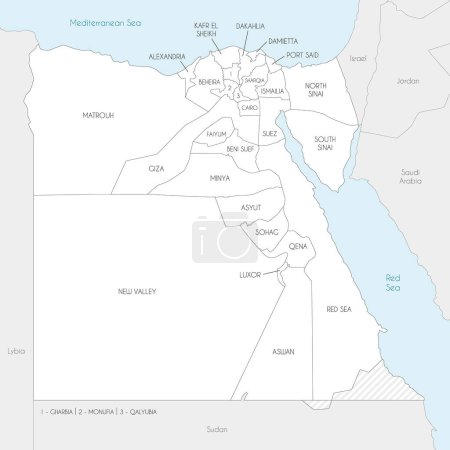 Illustration for Vector map of Egypt with governorates or provinces and administrative divisions, and neighbouring countries. Editable and clearly labeled layers. - Royalty Free Image