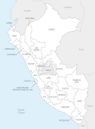 Téléchargez les illustrations : Carte vectorielle du Pérou avec les départements, les provinces et les divisions administratives, et les pays voisins. Couches modifiables et clairement étiquetées. - en licence libre de droit