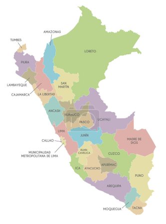 Illustration pour Carte vectorielle du Pérou avec départements, provinces et divisions administratives. Couches modifiables et clairement étiquetées. - image libre de droit