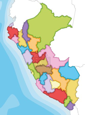 Illustration for Vector illustrated blank map of Peru with departments, provinces and administrative divisions, and neighbouring countries. Editable and clearly labeled layers. - Royalty Free Image
