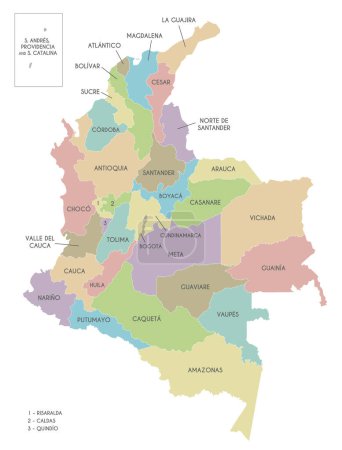 Téléchargez les illustrations : Carte vectorielle de la Colombie avec départements, région de la capitale et divisions administratives. Couches modifiables et clairement étiquetées. - en licence libre de droit