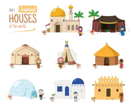 Ilustración vectorial Conjunto 1 de Casas Tradicionales del Mundo en estilo de dibujos animados aislados sobre fondo blanco