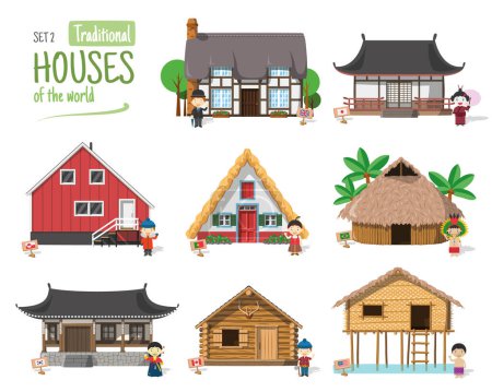 Illustration vectorielle Set 2 de Maisons Traditionnelles du Monde en style dessin animé isolé sur fond blanc