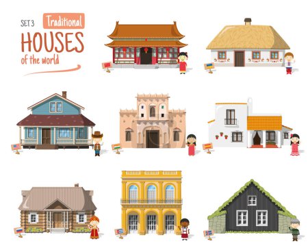 Ilustración de Ilustración vectorial Conjunto 3 de Casas Tradicionales del Mundo en estilo de dibujos animados aislados sobre fondo blanco - Imagen libre de derechos