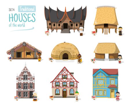 Ilustración vectorial Conjunto 4 de Casas Tradicionales del Mundo en estilo de dibujos animados aislados sobre fondo blanco