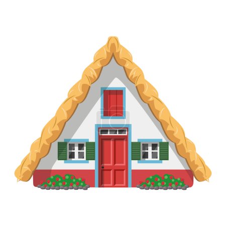 Vektor-Illustration eines traditionellen Madeira-Reetdachhauses im Cartoon-Stil isoliert auf weißem Hintergrund. Traditionshäuser der Weltserie