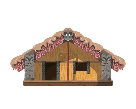 Vector illustration of a traditional Maori Wharenui house in cartoon style isolated on white background. Traditional Houses of the World Series