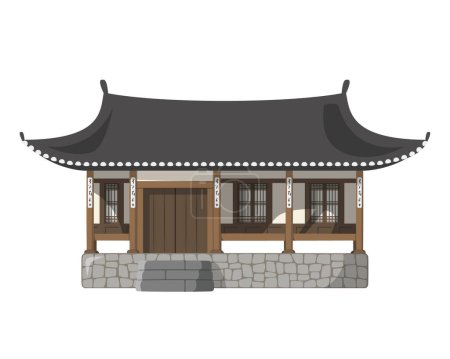 Ilustración vectorial de una casa Kanok tradicional de Corea del Sur en estilo de dibujos animados aislados sobre fondo blanco. Casas tradicionales de la Serie Mundial