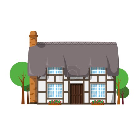 Illustration for Vector illustration of a traditional United Kingdom Cottage in cartoon style isolated on white background. Traditional Houses of the World Series - Royalty Free Image