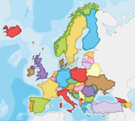 Europa política en blanco Ilustración vectorial de mapas con diferentes colores para cada país. Capas editables y claramente etiquetadas.