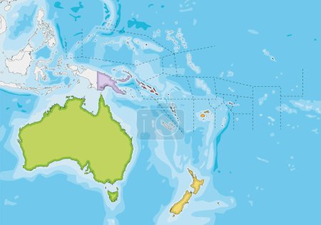 Leere Illustration des Vektors der politischen Ozeanienkarte mit unterschiedlichen Farben für jedes Land. Editierbare und klar beschriftete Ebenen.