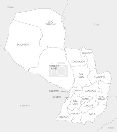 Vektorkarte von Paraguay mit Departements, Hauptstadtbezirken und Verwaltungseinheiten sowie Nachbarländern. Editierbare und klar beschriftete Ebenen.