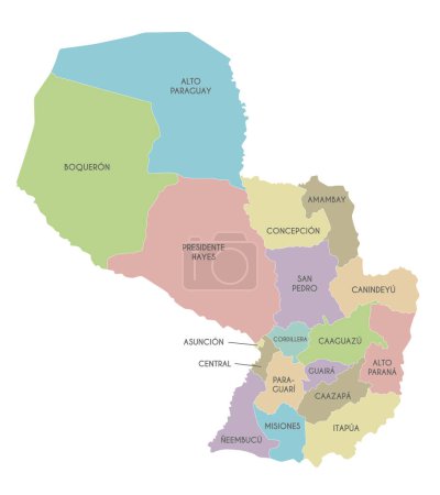 Vektorkarte von Paraguay mit Departements, Hauptstadtbezirken und Verwaltungseinheiten. Editierbare und klar beschriftete Ebenen.