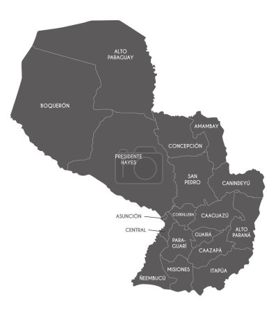 Vektorkarte von Paraguay mit Departements, Hauptstadtbezirken und Verwaltungseinheiten. Editierbare und klar beschriftete Ebenen.
