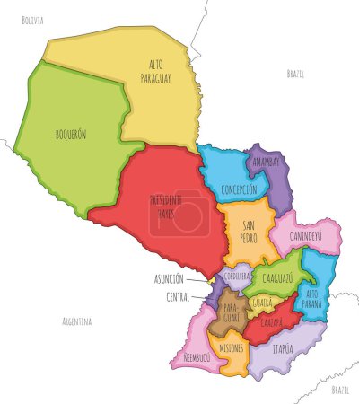 Vector illustrierte Landkarte von Paraguay mit Departements, Hauptstadtbezirken und Verwaltungsabteilungen sowie Nachbarländern. Editierbare und klar beschriftete Ebenen.