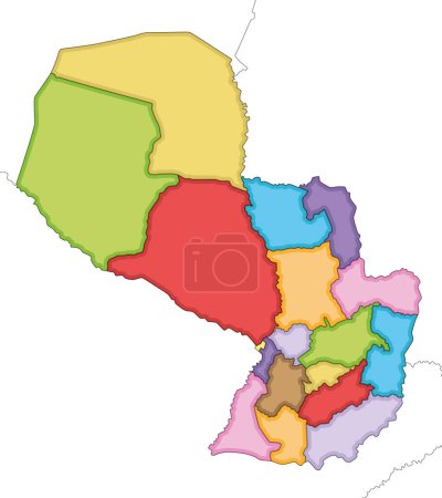 Vector illustrated blank map of Paraguay with departments, capital district and administrative divisions, and neighbouring countries. Editable and clearly labeled layers.