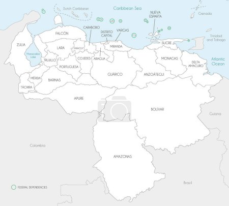 Vector map of Venezuela with states, capital district, federal dependencies and administrative divisions, and neighbouring countries. Editable and clearly labeled layers.