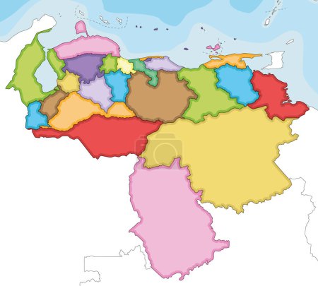 Vector illustrated blank map of Venezuela with states, capital district, federal dependencies and administrative divisions, and neighbouring countries. Editable and clearly labeled layers.