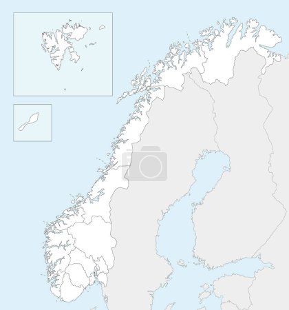 Mapa en blanco regional vectorial de Noruega con condados y territorios, y países vecinos. Capas editables y claramente etiquetadas.