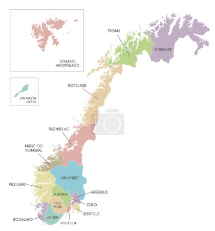 Mapa regional vectorial de Noruega con condados y territorios, y divisiones administrativas. Capas editables y claramente etiquetadas.